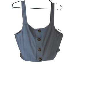 Cage Womens Ribbed Knit Button Front Crop Top Light Blue Sleeveless Tank Large